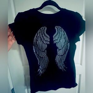 #227 black T-shirt with beautiful angel wing rhinestones on  back M/l stretchy